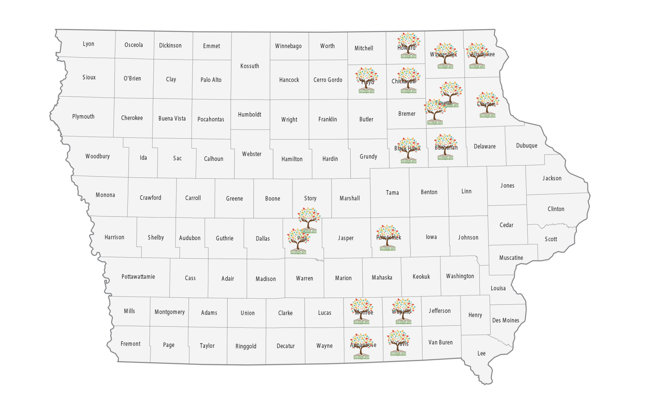 Map of Iowa counties served by Restoring Hope Mighty Oaks Giving Libraries